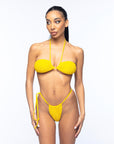 Bikini micro in tessuto arricciato giallo con lacci