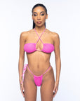 Bikini micro in tessuto arricciato rosa con lacci